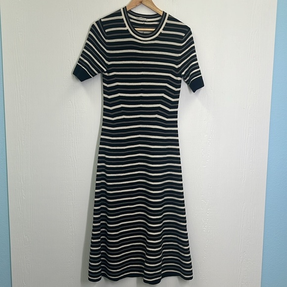 EVERLANE - Ribbed Taupe Canvas Black Stripe Short Sleeve Midi Dress Size Large - Picture 8 of 12